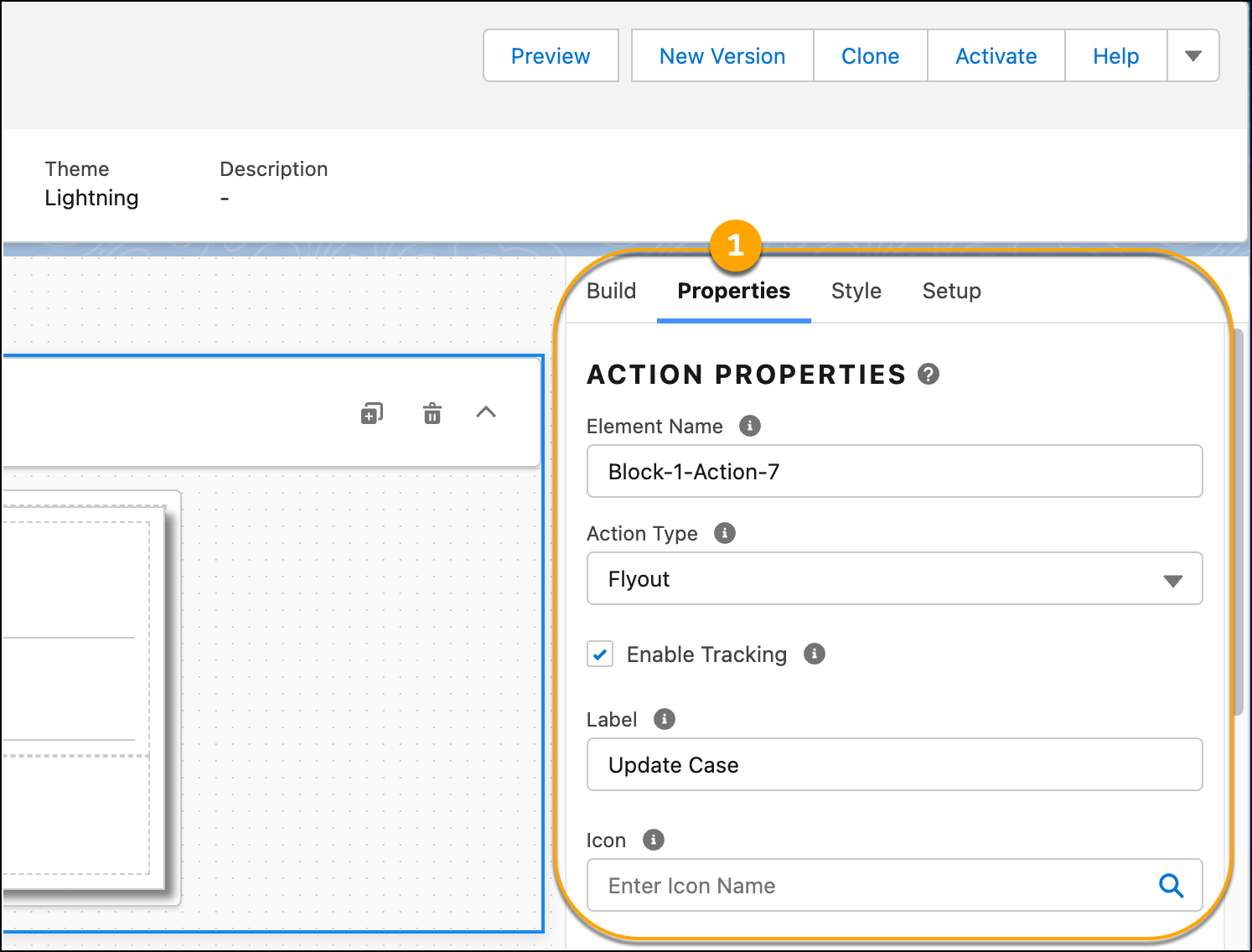 Flexcard Designer の [Properties (プロパティ)] パネル。