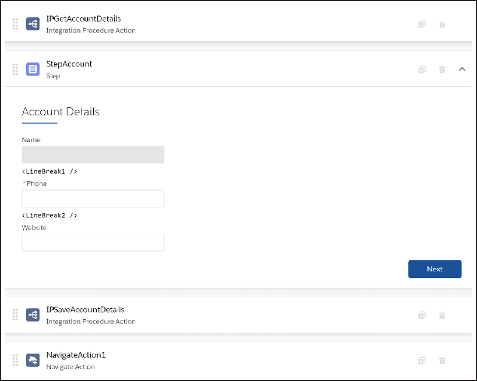 Completed Edit Account design using the Omniscript Designer