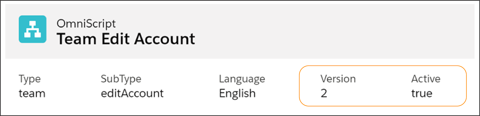 Omniscript ヘッダーに表示された Omniscript の [Version (バージョン)] 番号と [Active (有効)] 状況