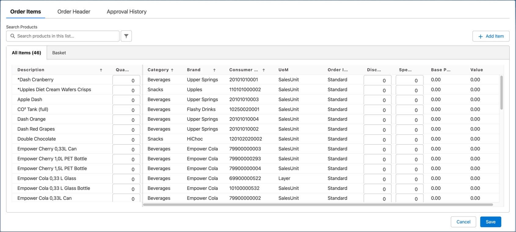 The Order Items page in an advanced order.