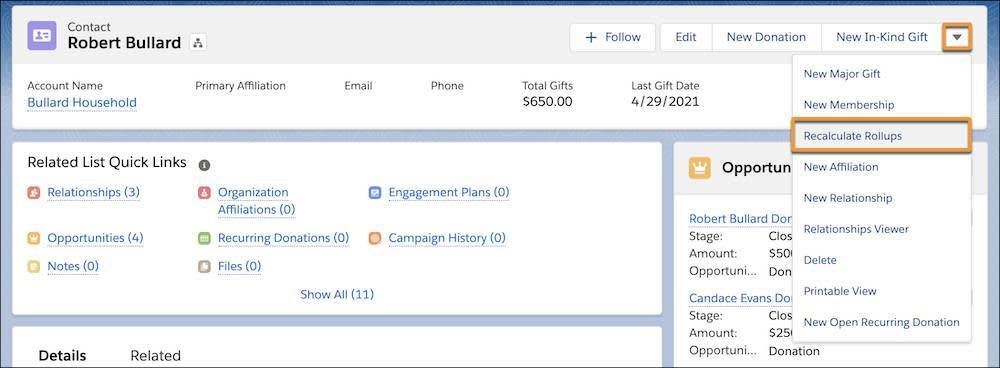 Recalculate Rollups on a single account or contact record