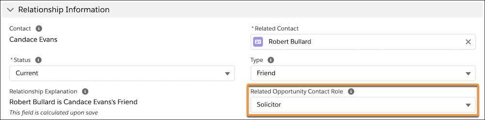 New relationship form, highlighting Related Opportunity Contact Role