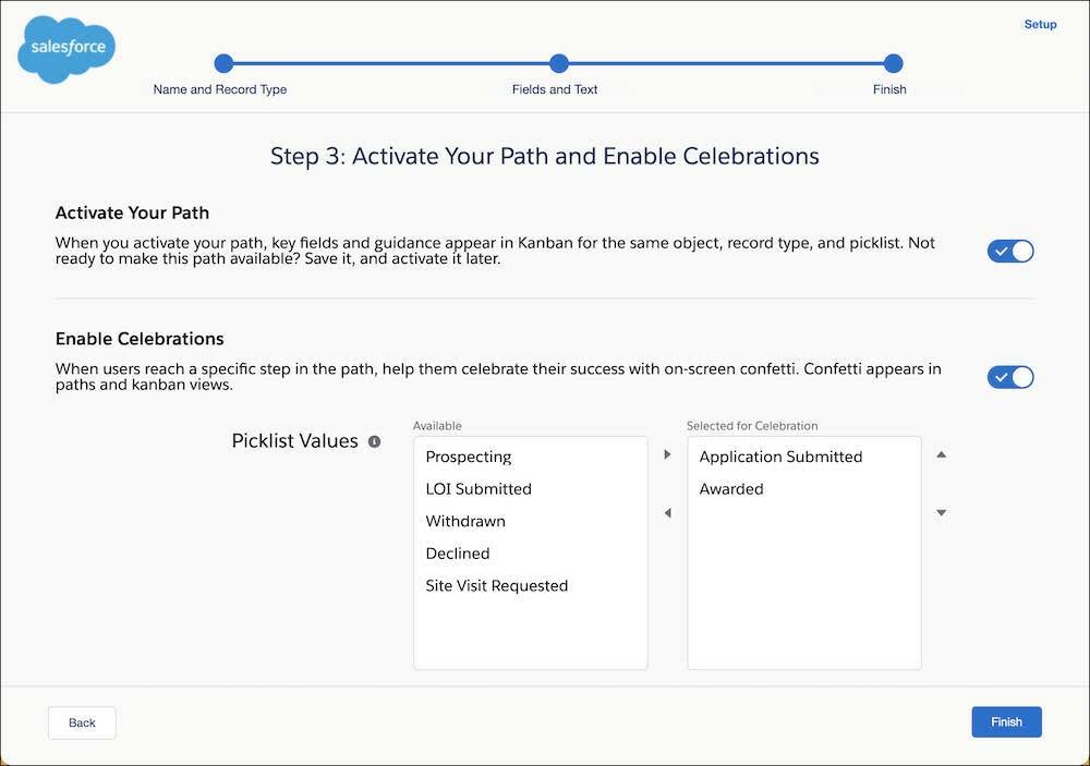 L’interface Activer votre parcours et Activer les célébrations