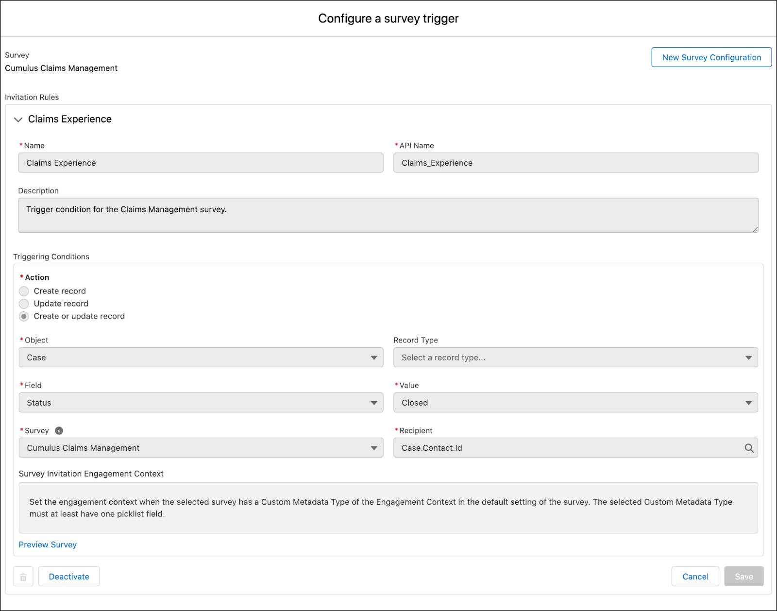 The Configure a survey trigger window showing details of invitation rules.