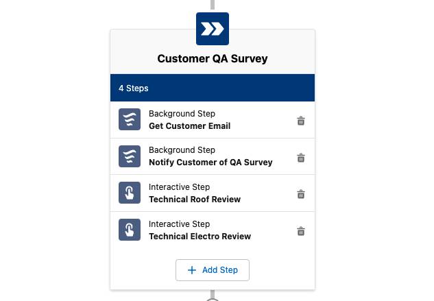 Phase de l’enquête d’assurance qualité auprès des clients. Contient l’étape en arrière-plan Obtenir l’adresse e-mail du client, l’étape en arrière-plan Notifier le client de l’enquête d’assurance qualité, l’étape interactive Examen technique du toit et l’étape interactive Examen technique de l’électronique