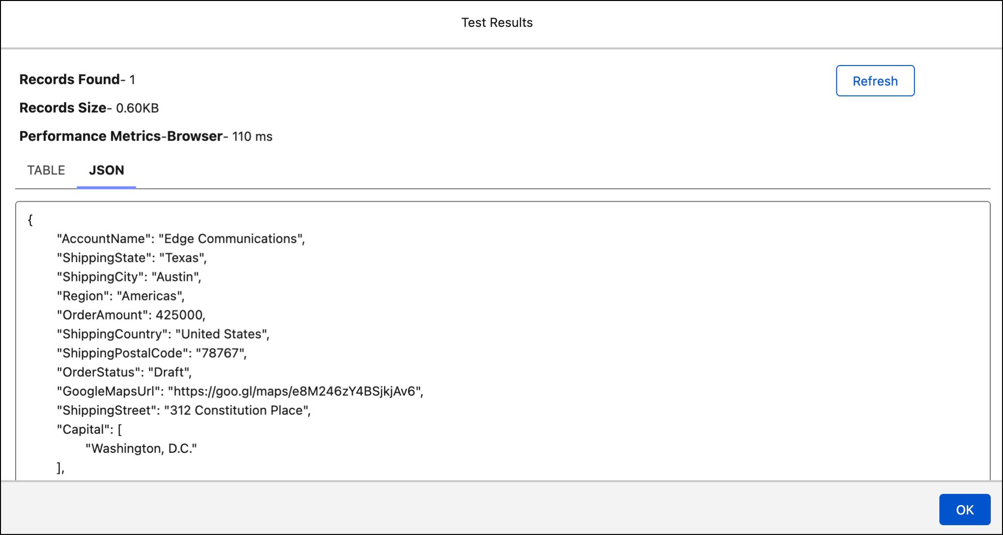The Test Results window with the JSON tab selected and order and country data displayed.