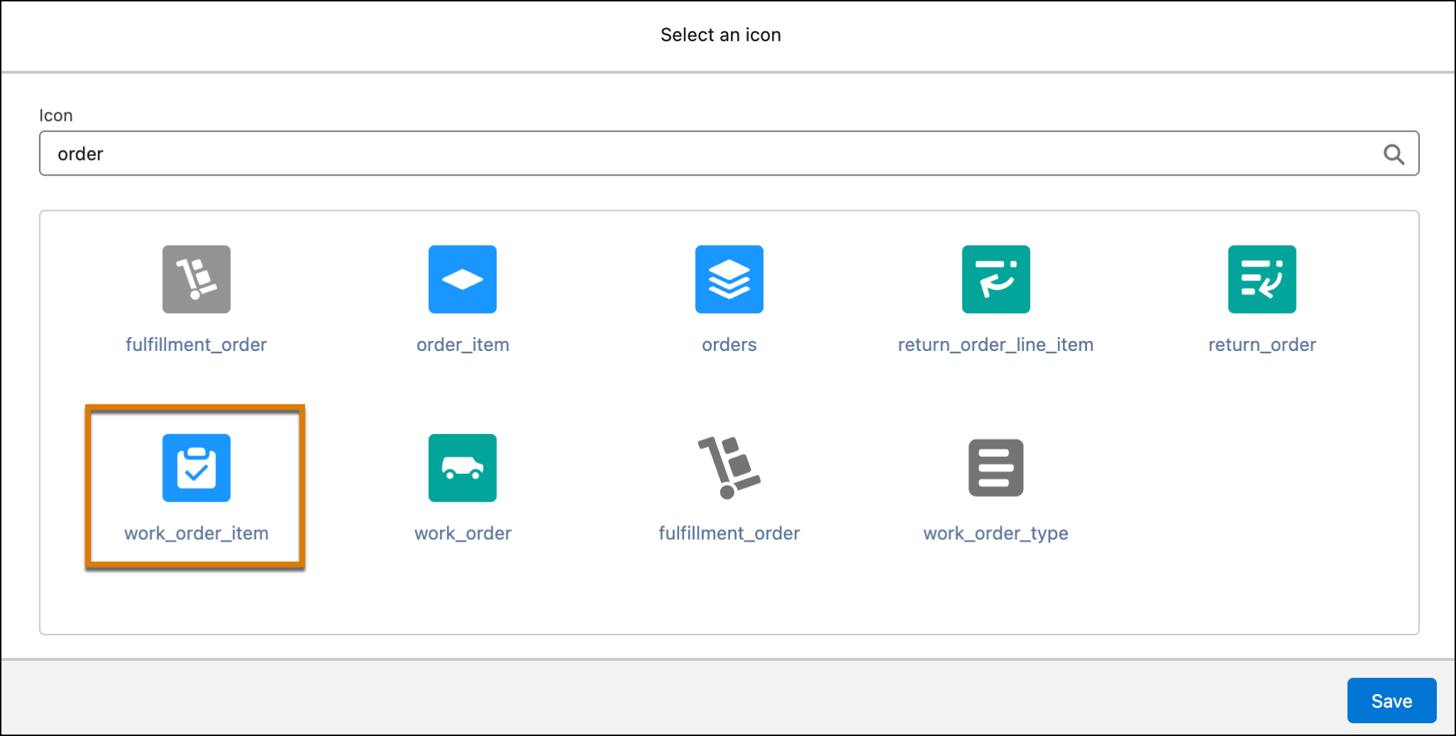 The Select an icon window with the work_order_item icon selected.
