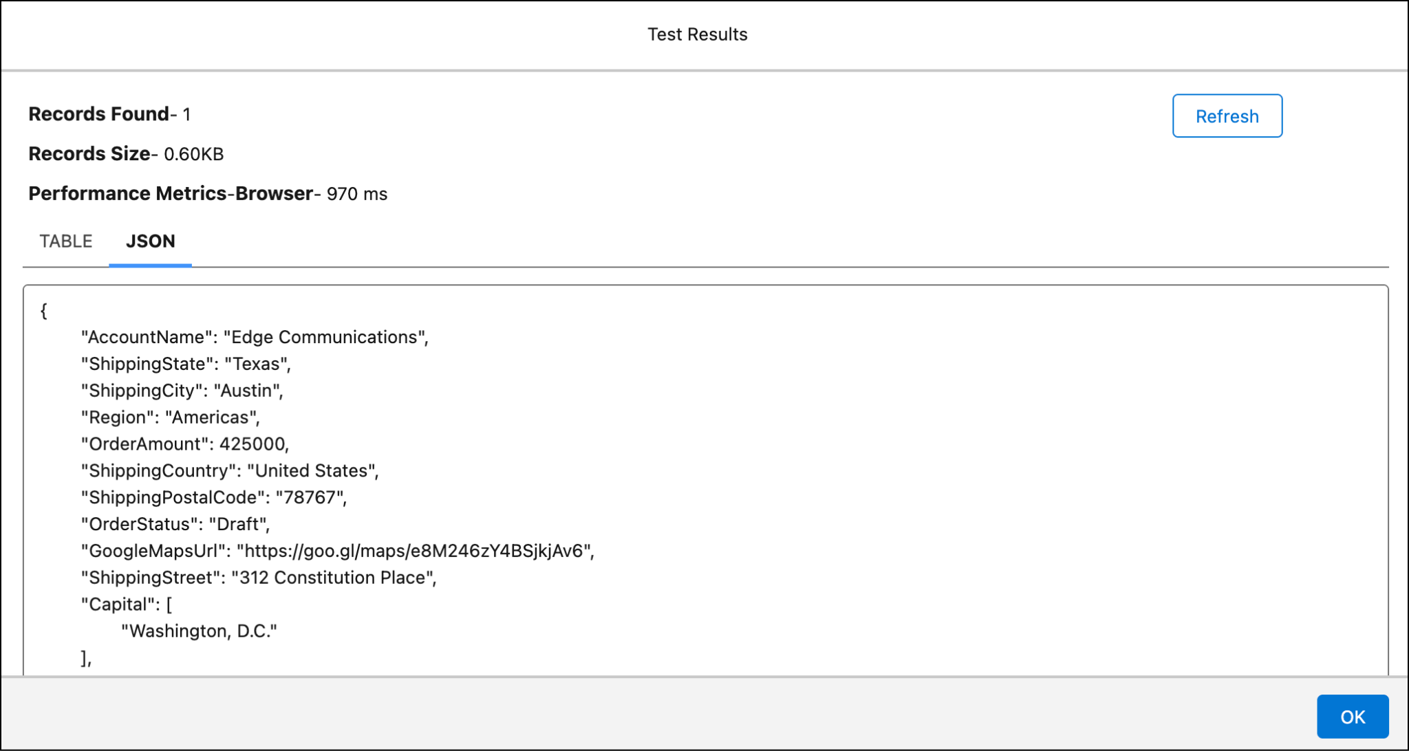 The Test Results window with the JSON tab selected and order data displayed.