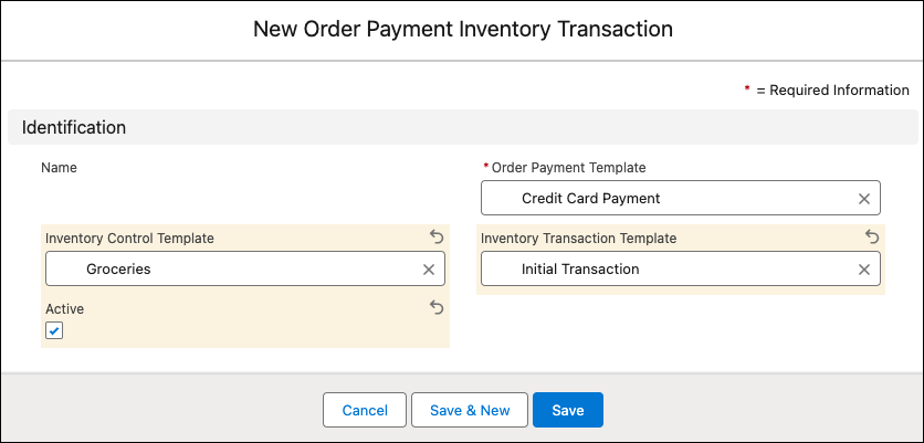The New Order Payment Inventory Transaction window showing the option to assign inventory templates to an order payment template.