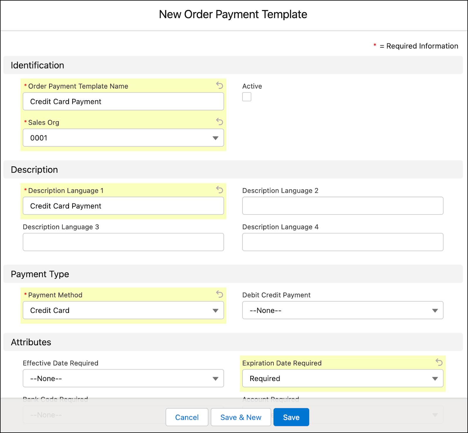 The New Order Payment Template window showing the options to create an order payment template.