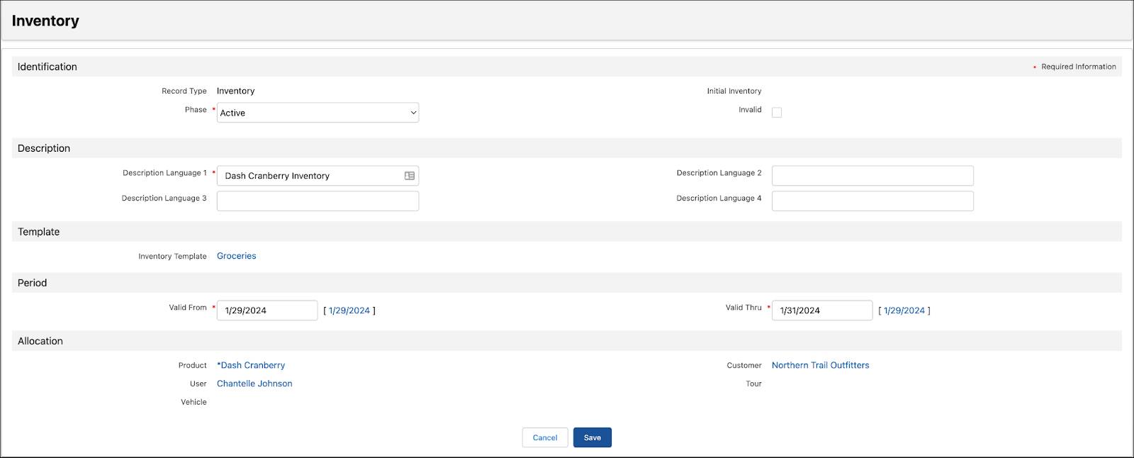 The Inventory page showing the options to create an inventory record.