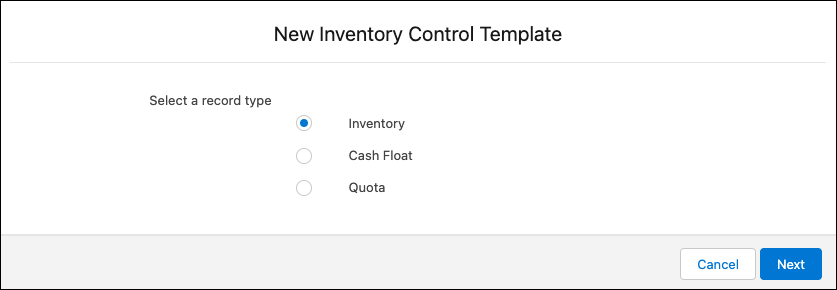 The New Inventory Control Template window showing the options to select the record type.