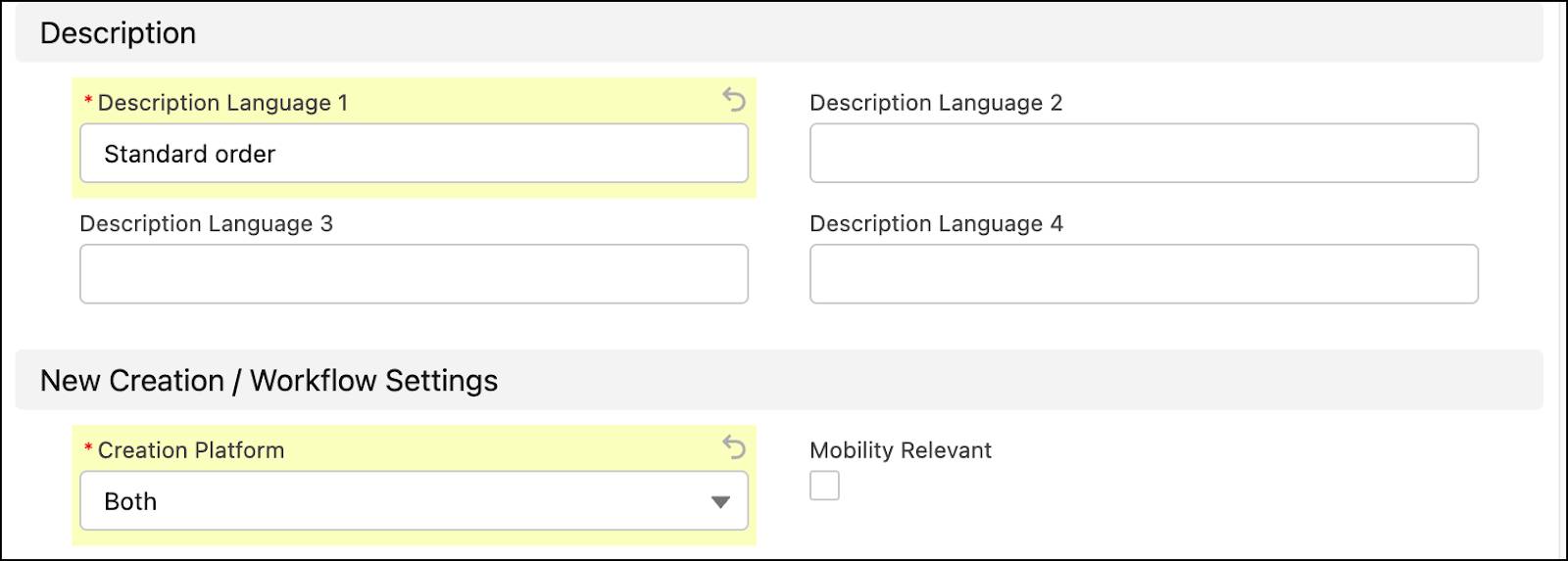 The New Order Template: Order Entry window showing the options to provide the description and creation platform.