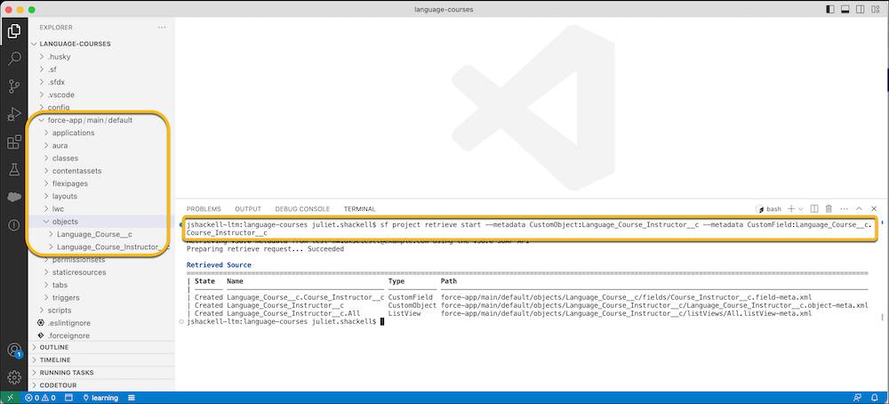 左側に source:retrieve コマンドの後に作成された新しいディレクトリ構造である force-app/main/default/objects が表示されている VS Code。右側には、コマンドを実行したターミナルウィンドウとその結果の CLI 出力が表示されている。