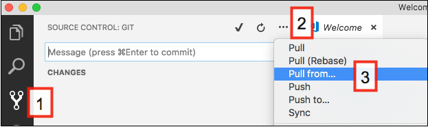 Extraiga todos los cambios del repositorio de Git: 1) haga clic en el icono de control de código fuente, 2) haga clic en el icono More Actions (Más acciones) y 3) seleccione Pull from (Extraer desde).
