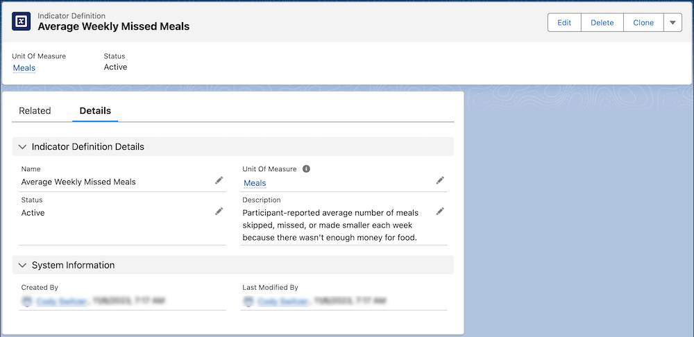 The Details tab of an indicator definition record page.