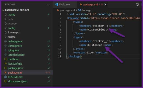 Snapshot of a package.xml with metadata components.