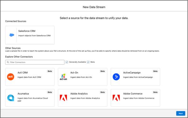 Página de la nueva transmisión de datos con Salesforce CRM seleccionado como la fuente para la transmisión de datos para unificar los datos.