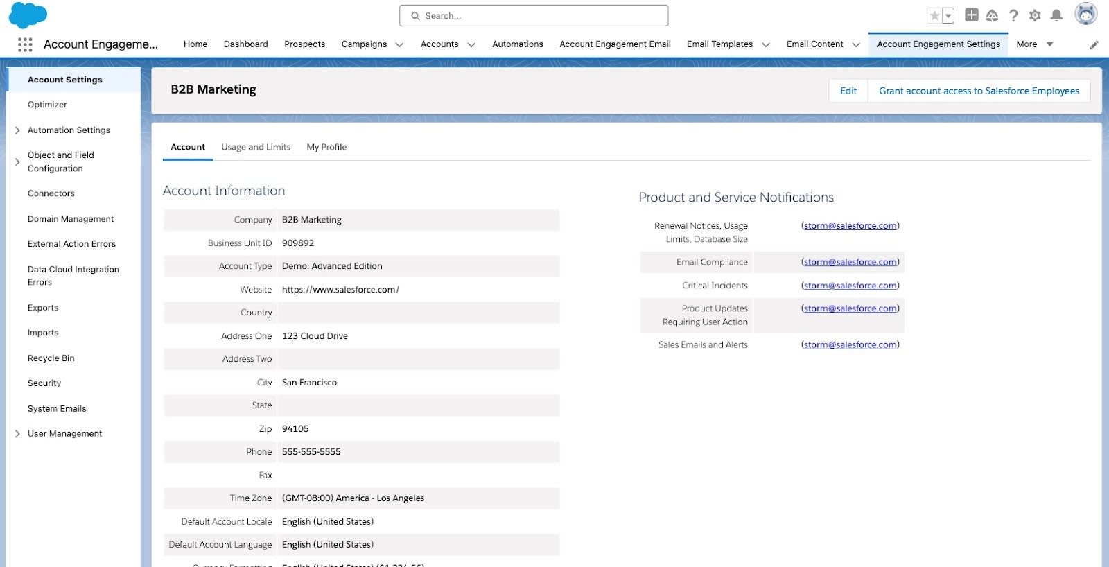 The Pardot Settings home page