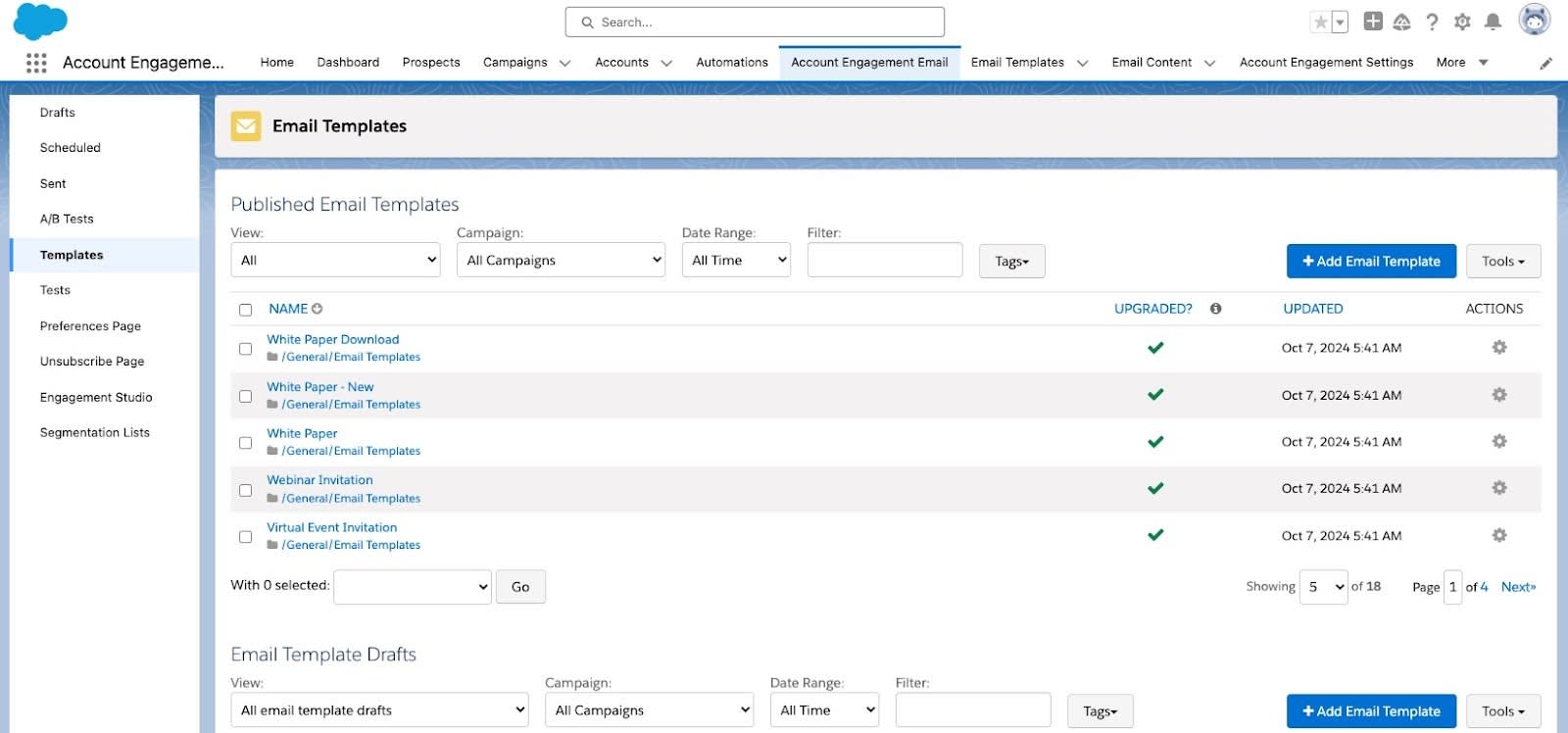 The Pardot Email tab home page.
