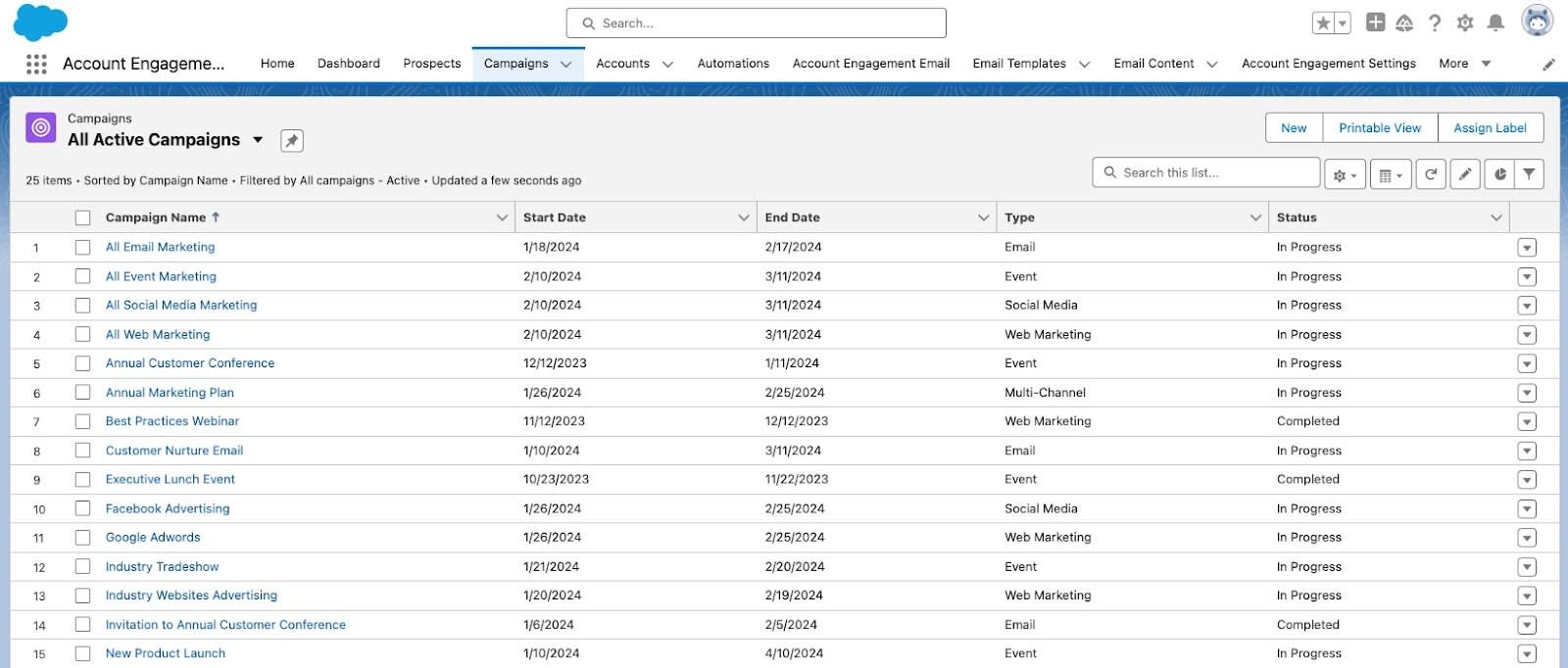 The Campaigns tab home page.