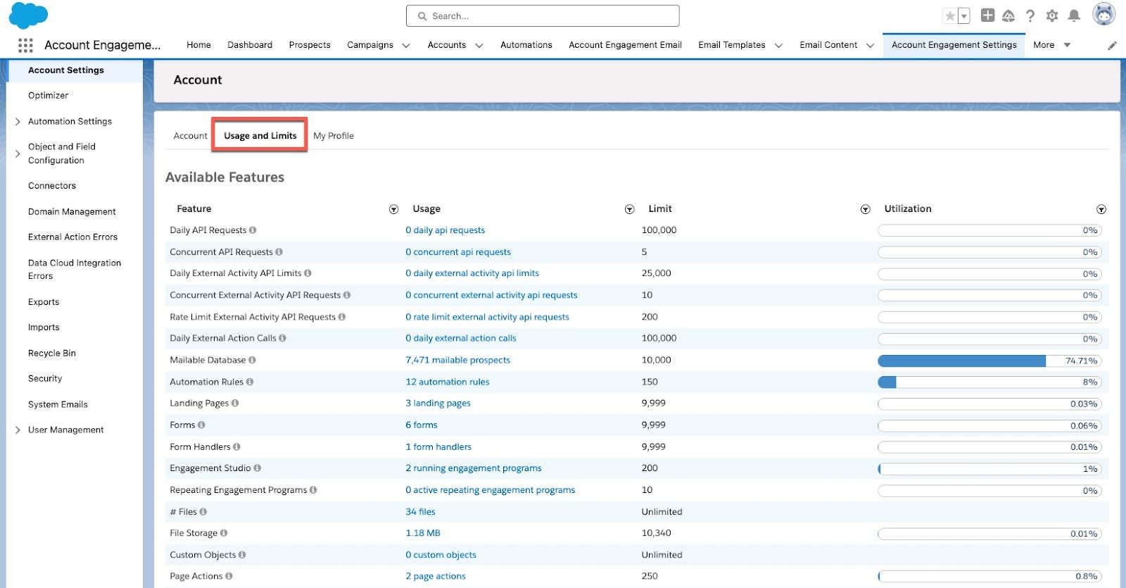 The Pardot Settings page with the Usage and Limits tab highlighted