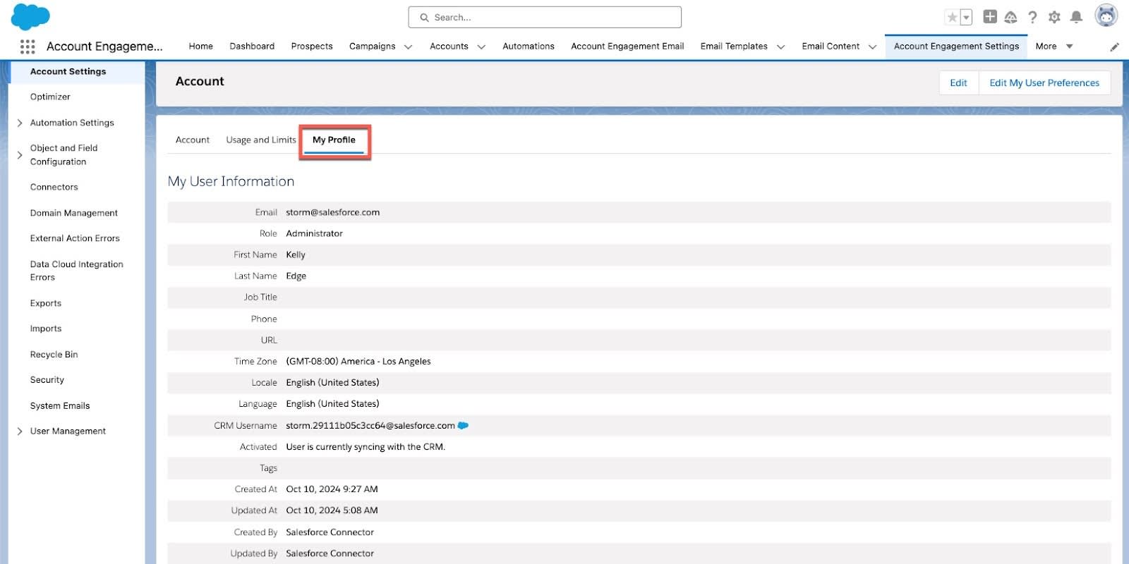 The Pardot Settings page with the My Profile tab highlighted