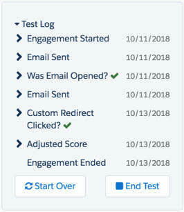 The test log shows the steps taken as the test prospect moves through the engagement program.