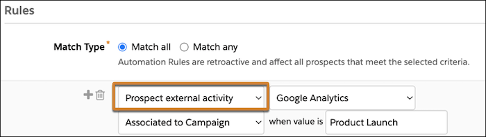 The Rules criteria form highlighting the first dropdown, which displays Prospect external activity.