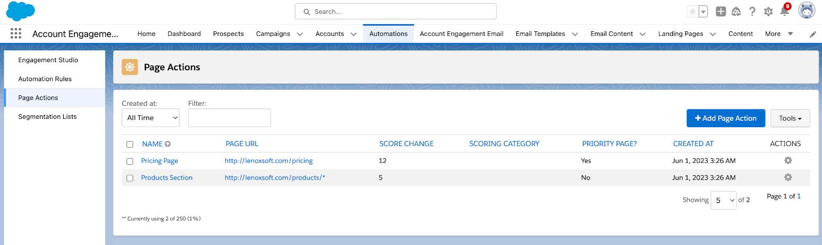 Page Actions dashboard with listed page actions already created and the Add Page Action button