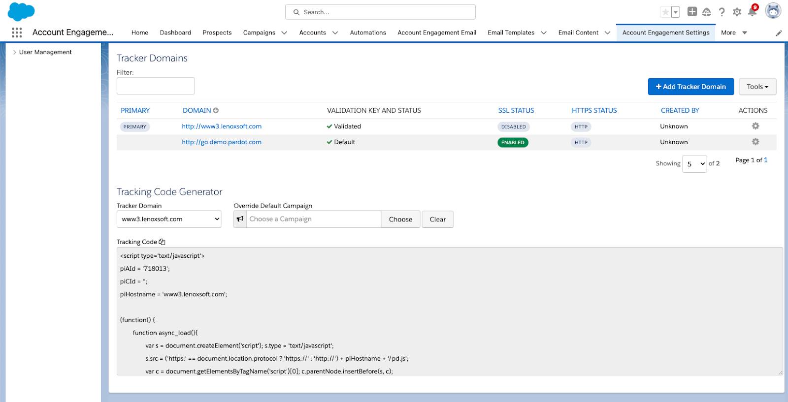 Tracker Code Generator with sample code to copy to your webpage.