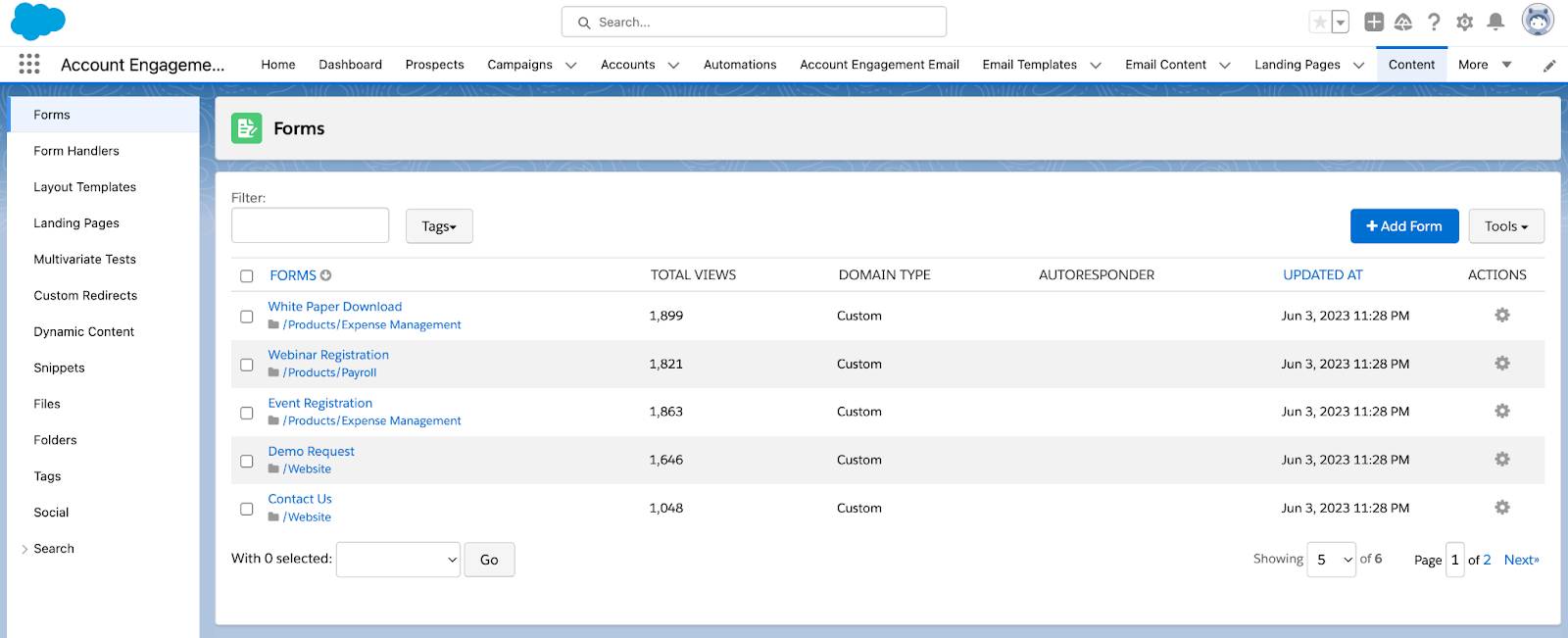 Content tab with forms dashboard with listed forms already created and the add forms button.