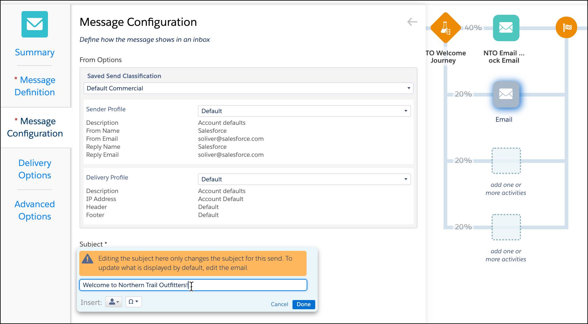 Message Configuration screen with subject line being updated.