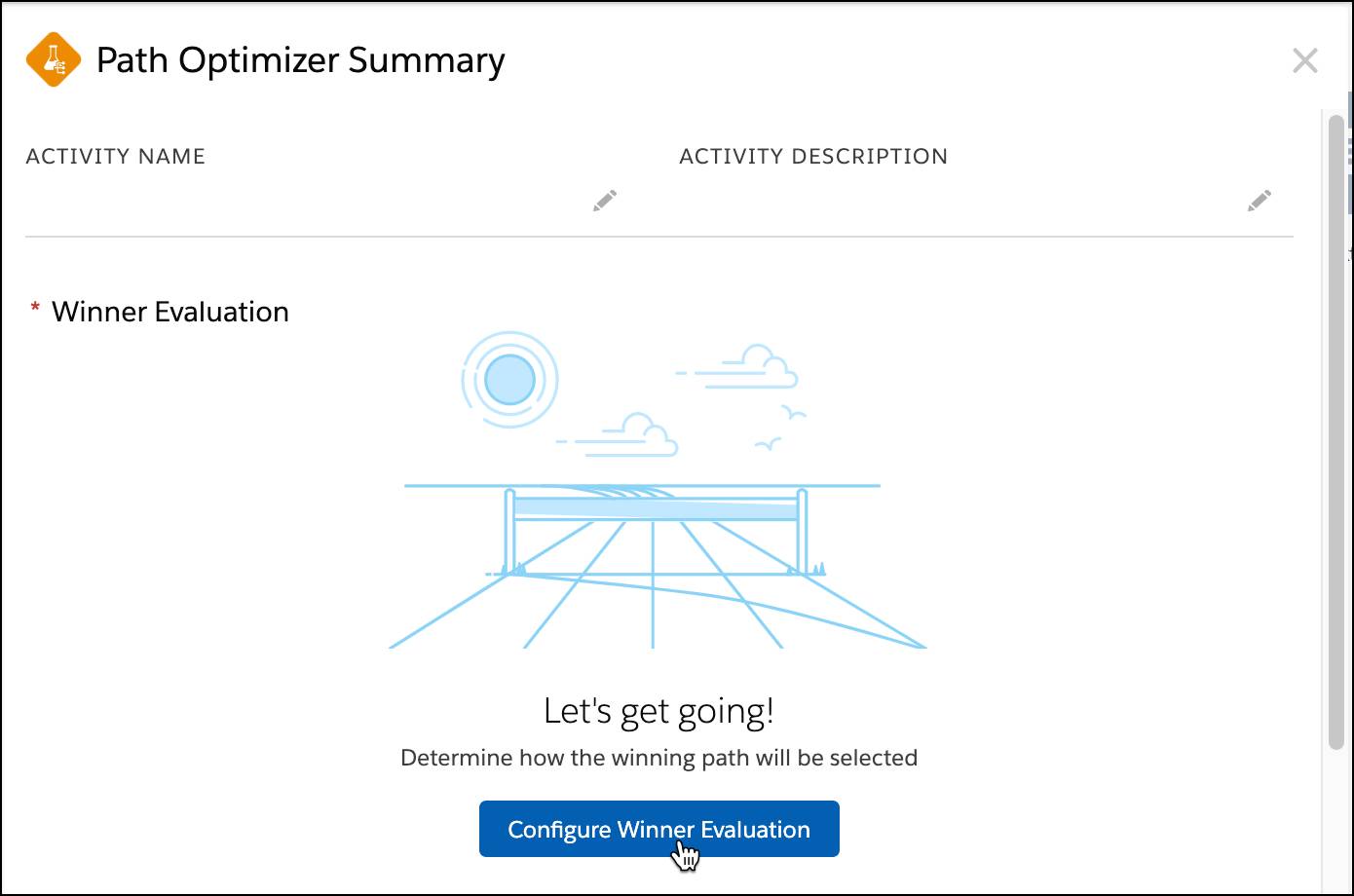 Pantalla Resumen del optimizador de rutas con el botón Configurar evaluación de ganador seleccionado.