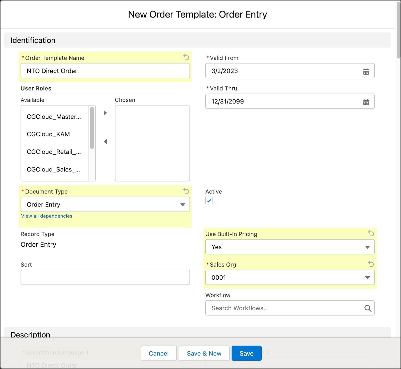 The New Order Template: Order Entry window showing the options to create an order template.