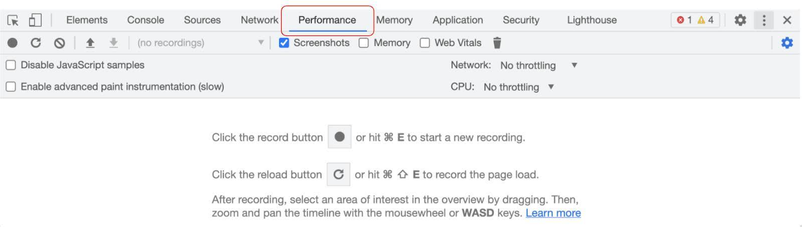 DevTools abierto con la pestaña Performance (Rendimiento) seleccionada.