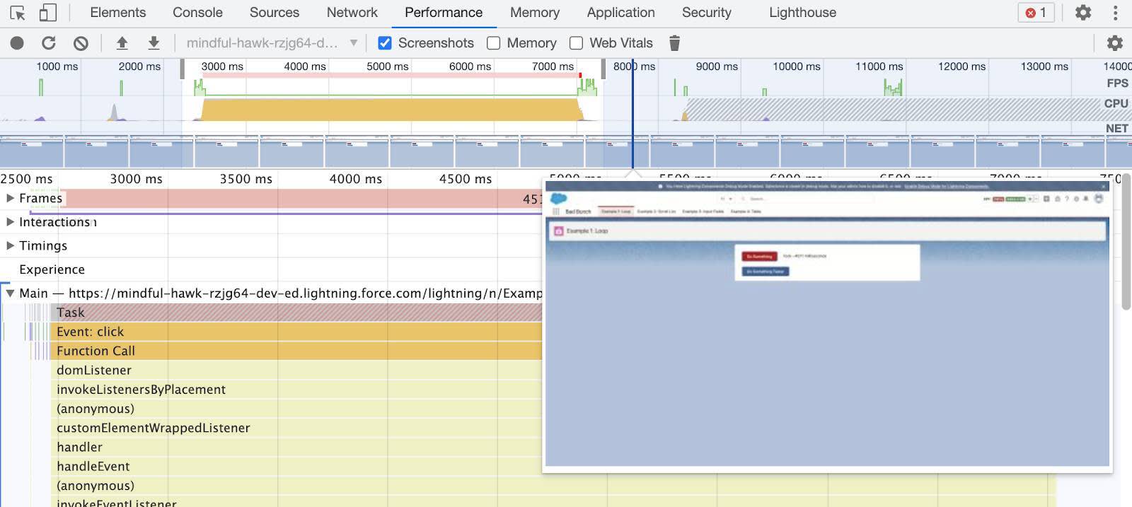 Panel Performance (Desempeño) mostrando una captura de pantalla desde el punto seleccionado del registro.