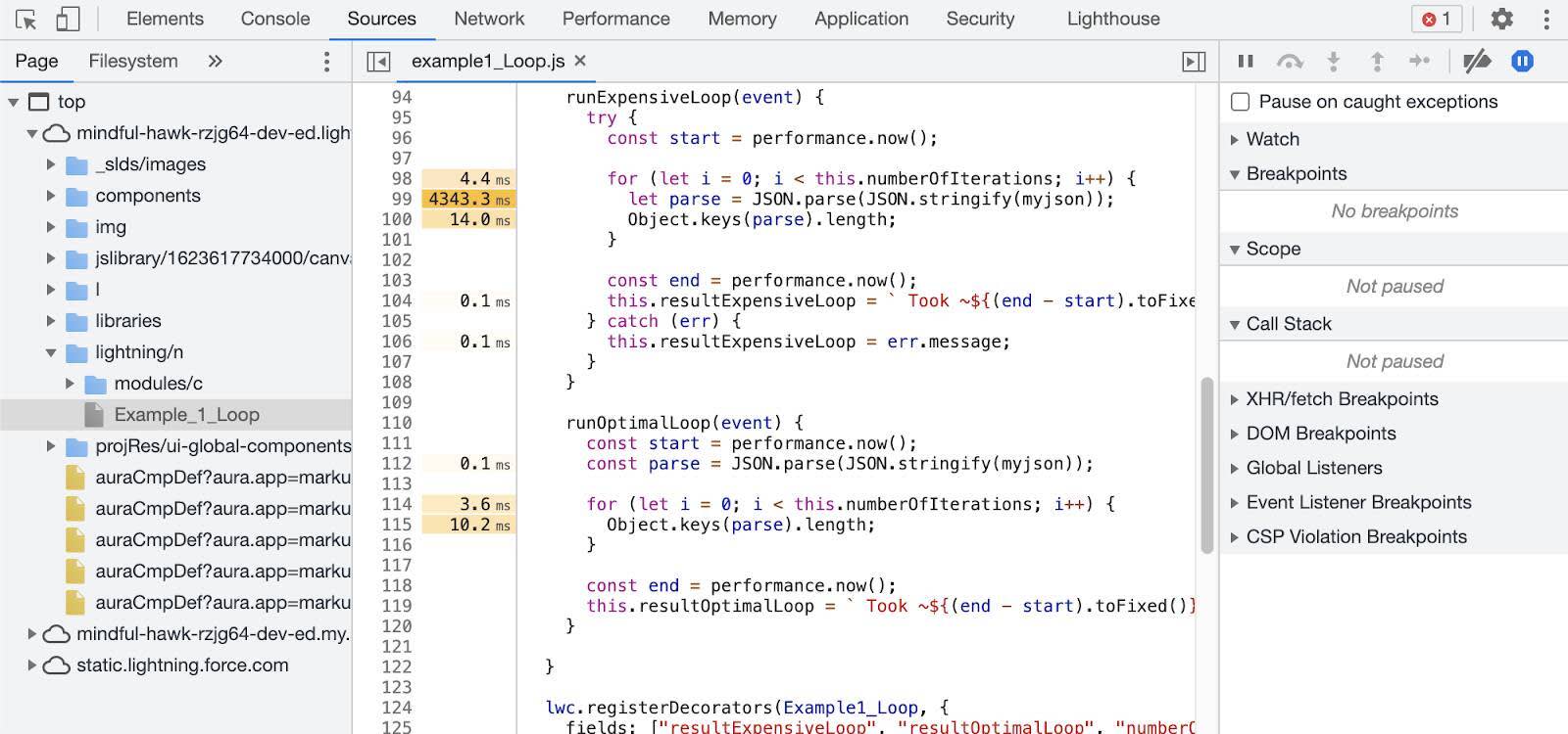 Panel Sources (Fuentes) mostrando el archivo example1_Loop.js con líneas resaltadas con tiempos de ejecución.