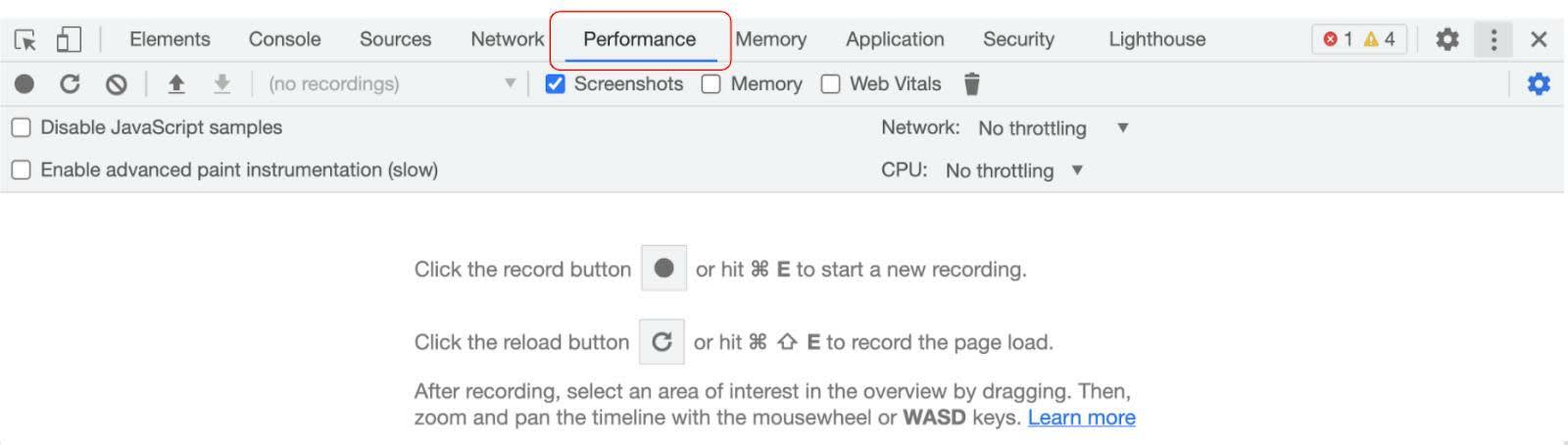 [Performance (パフォーマンス)] タブが選択された状態で開かれている DevTools。