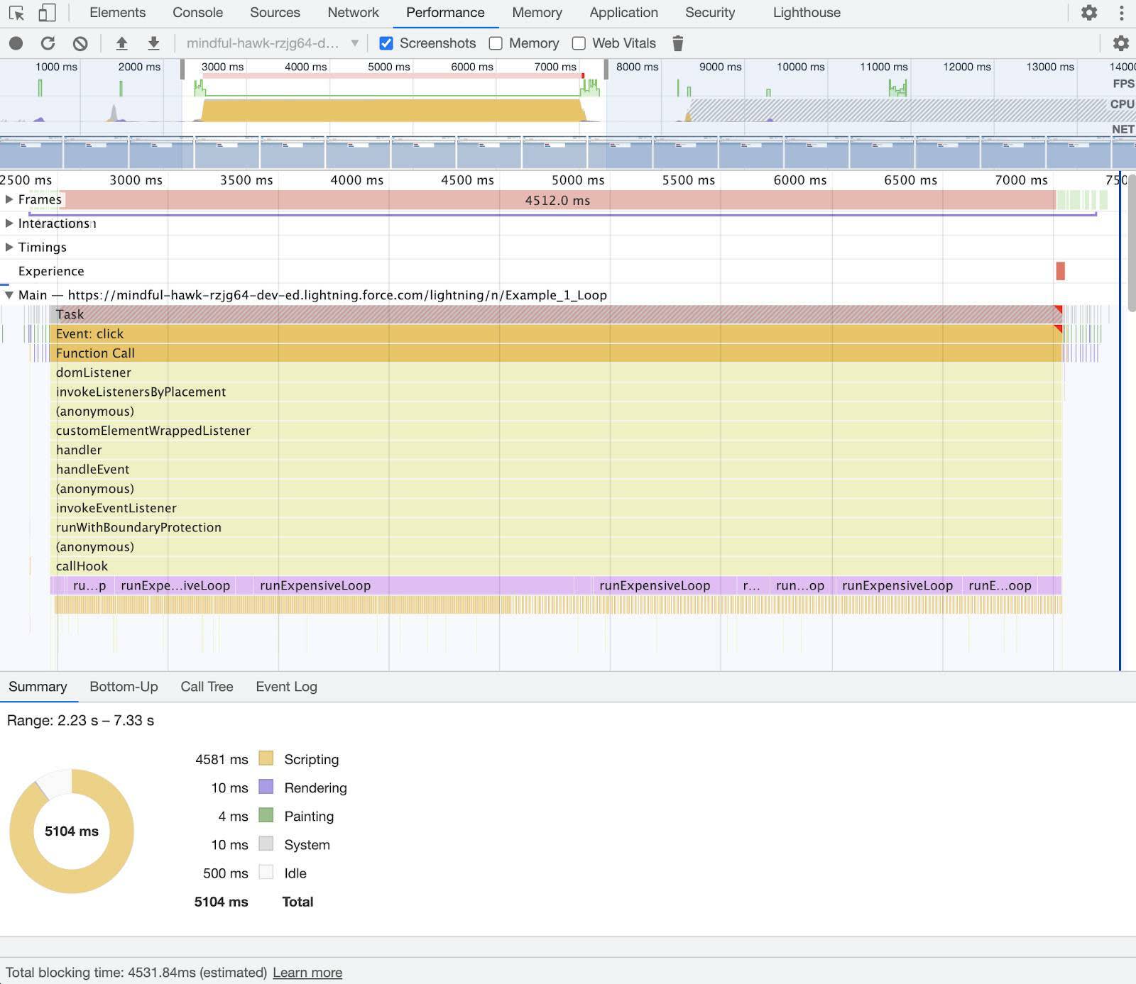プロファイル記録が表示された DevTools の [Performance (パフォーマンス)] パネル。
