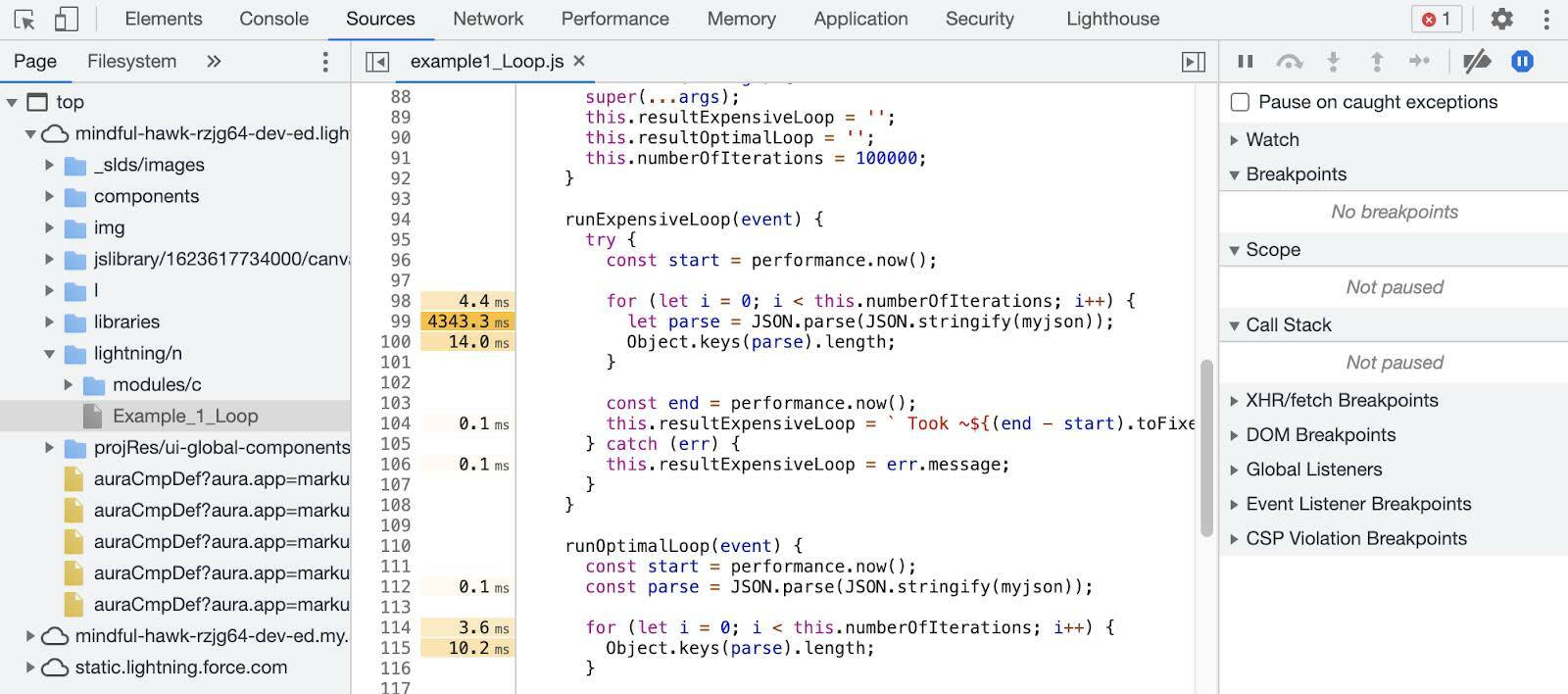 Painel Sources (Origens) mostrando o arquivo example1_Loop.js com linhas destacadas mostrando tempos de execução.