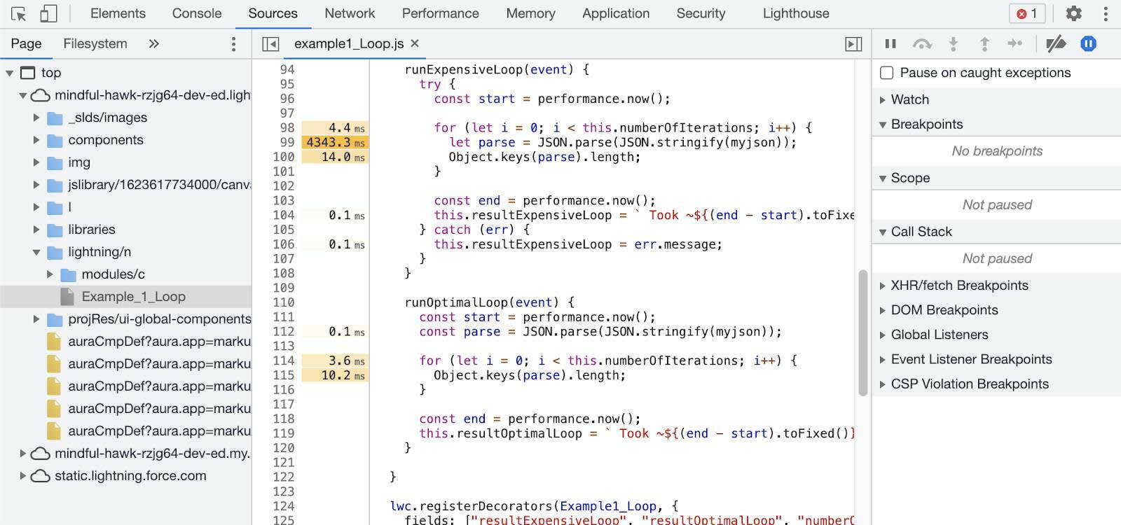 Painel Sources (Origens) mostrando o arquivo example1_Loop.js com linhas destacadas mostrando tempos de execução.
