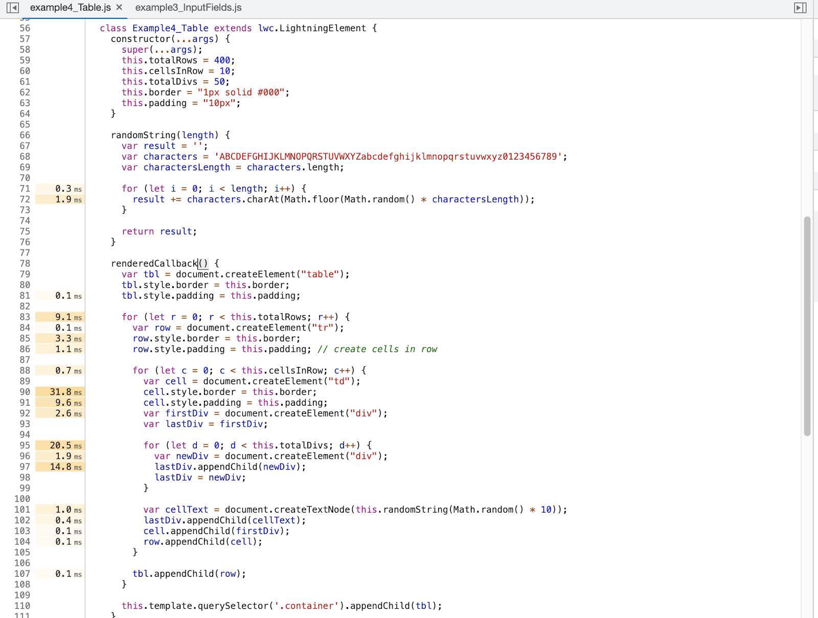 Panel Sources (Orígenes) donde vemos el archivo exampe4_Table.js con el método renderedCallback.
