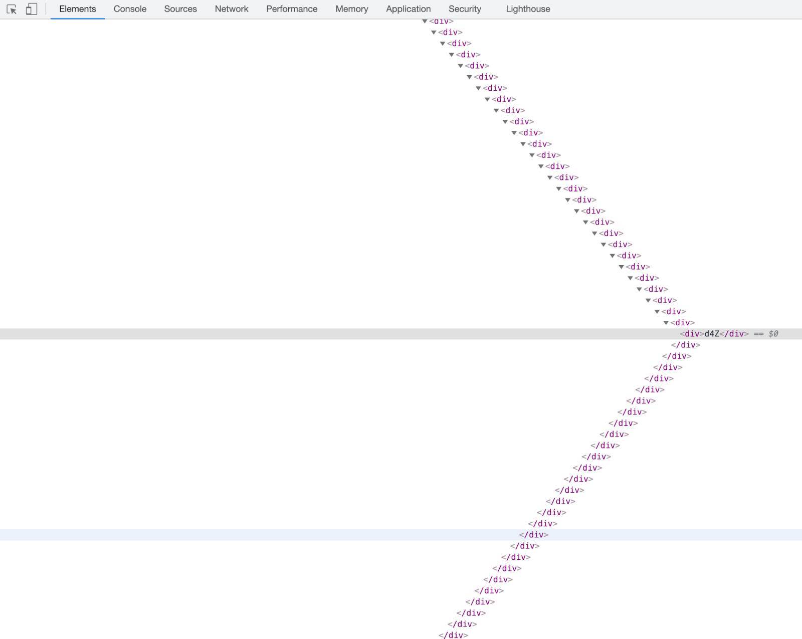 Panel Elements (Elementos) de DevTools donde se ven muchísimos árboles de componentes "div".