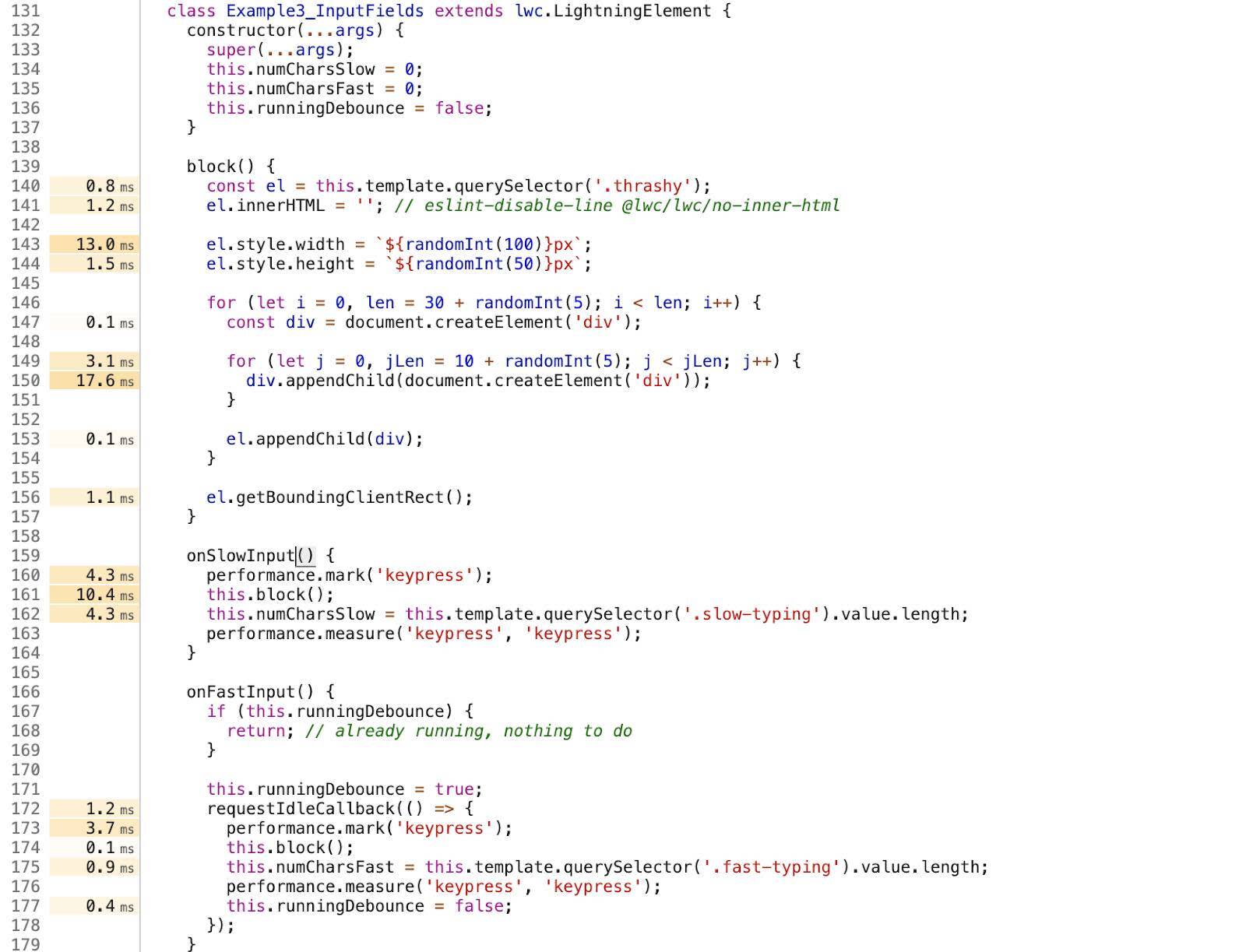 Panel Sources (Fuentes) mostrando exampe3_InputFields.js con los métodos onSlowInput onFastInput y de bloqueo.