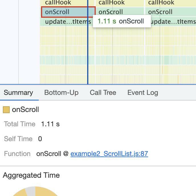 Volet Summary (Résumé) avec les détails de l’événement mis en surbrillance et un lien vers la fonction dans le code.