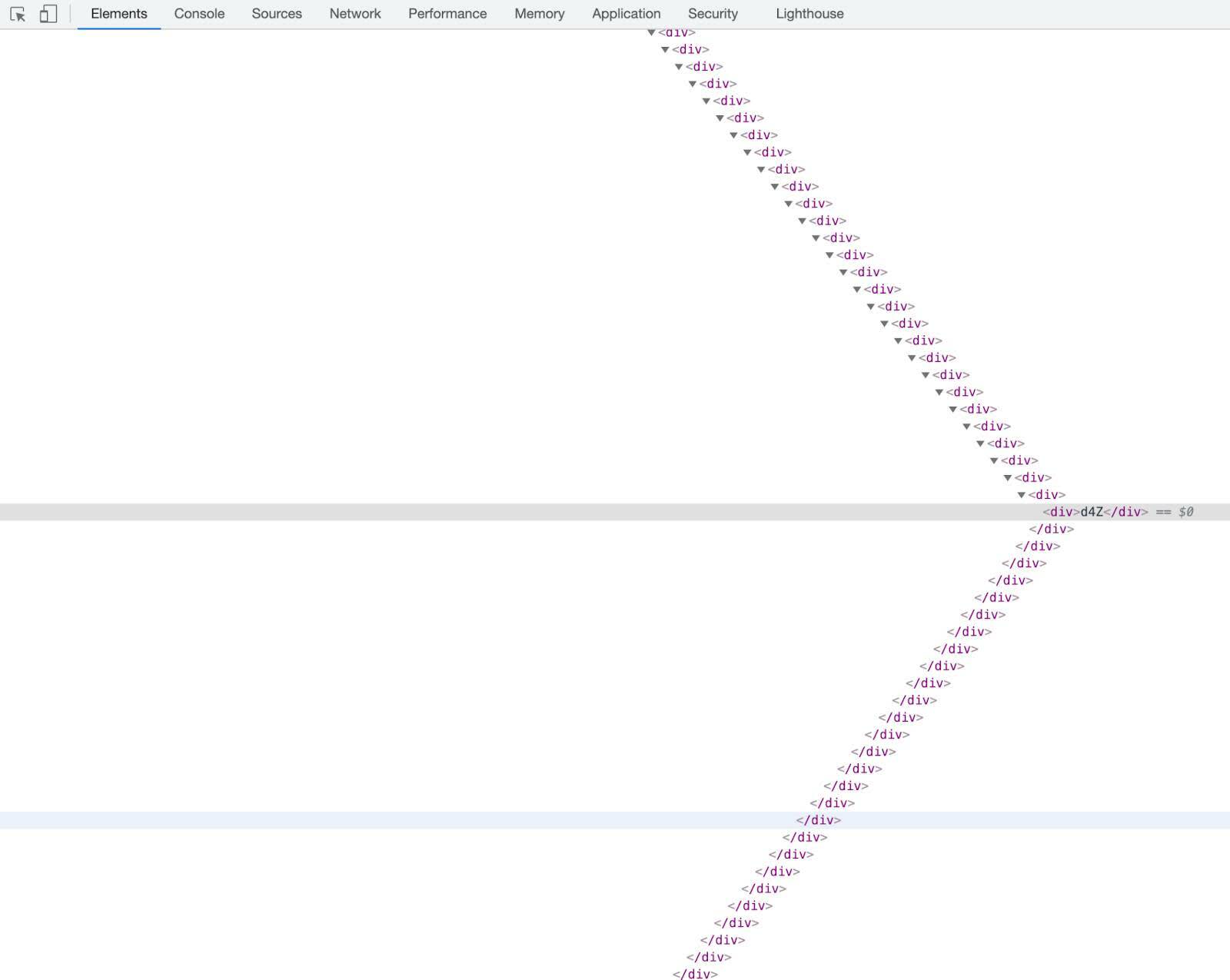 巨大な div ツリーが表示されている DevTools の [Elements (要素)] パネル。