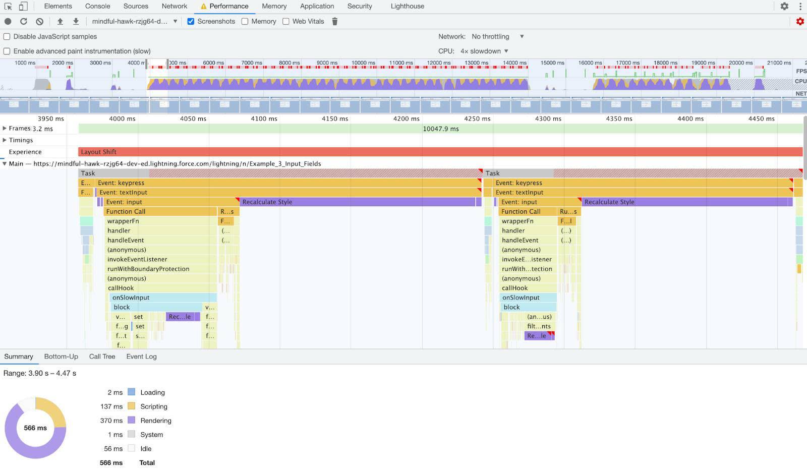 Painel Performance (Desempenho) mostrando uma seção ampliada dos eventos que exibem o bloco grande e roxo de Recalculate Style (Recalcular estilo).