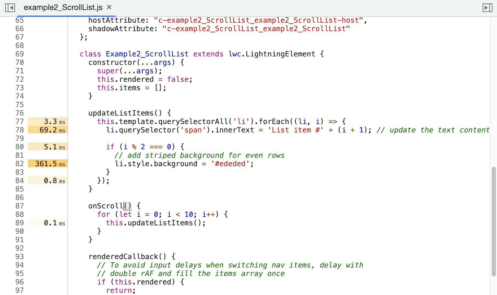 Origens exibindo o arquivo example2_ScrollList.js com carimbos de data/hora ao lado dos números das linhas.