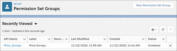 The Permission Set Groups list view displaying the Price Surveys permission set. The Status column shows that the status is Outdated.